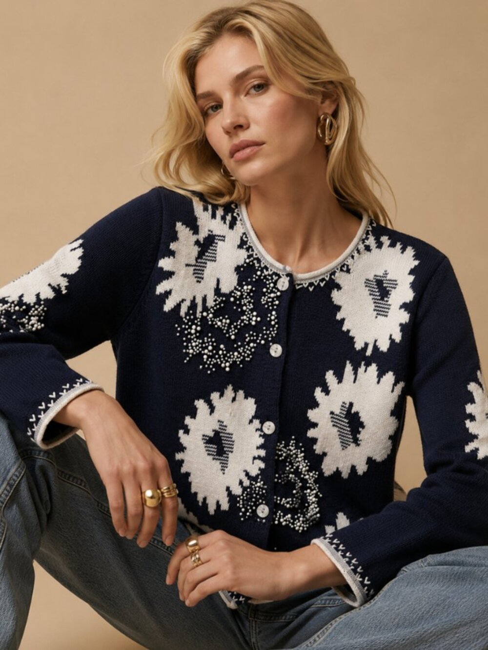 Floral Beaded Knit Black-White Cardigan Cottagecore Boho